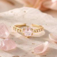 Bague en argent sterling S925 plaqué or avec pierre précieuse de luxe en quartz rose naturel pour fiançailles, mariage, fête, usage quotidien - Cadeau