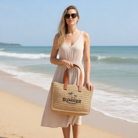 Personalisierte Logo-Strandtasche aus umweltfreundlichem Papierstroh für Damen, gewebtes Design, große Kapazität, Tragetasche mit Schleife, Buchstabenstickerei und Knopf