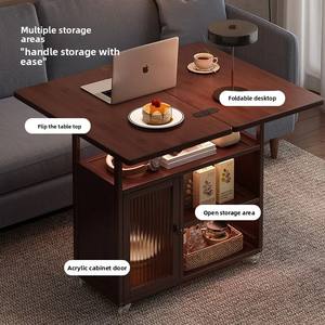 Table pliante moderne en bois avec bordure décorative, petite table à thé domestique multifonctionnelle sur roulettes pour appartement - Product Image 2