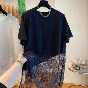 Camiseta de Mujer con Dobladillo de Encaje en Contraste, Vestido Casual con Dobladillo Asimétrico y Detalle de Brillo, a la Moda - Product Image 2