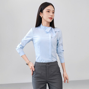 Bow <b>Tie</b> Long Sleeve Blouse Women Slim Fit Solid Color No Wrinkle Treatment Hotel Uniform Front Desk Cashier Shirt Blue White - Product Image 3