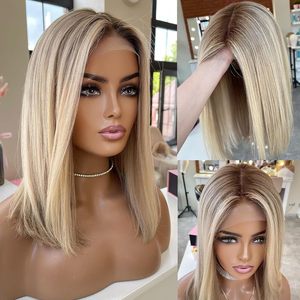 Byluxurious mật độ 180 Ombre làm nổi bật tro màu vàng ren phía trước tóc giả tóc con người Pre ngắt thẳng ngắn <span class=keywords><strong>Bob</strong></span> - Product Image 4