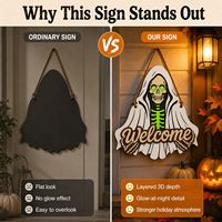 Décoration Suspendue Lumineuse en Bois pour Halloween, Panneau de Porte Multicouche Empilé avec Crâne et Fantôme, Lumineux pour Porche et Mur
