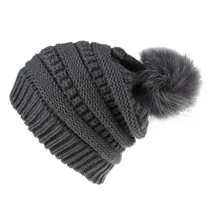 Wholesale Custom Logo Ladies Knitting Winter Hat With Rabbit Fur Pom Beanie
