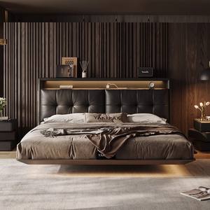 VENTE FLASH Lit plateforme flottant en cuir pleine fleur, lit de chambre principale, cadre en acier carbone, <span class=keywords><strong>noir</strong></span> mat, silhouette organique, primaire - Product Image 1