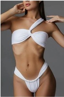 Maillot de bain bikini deux pièces sexy dos nu couleur unie avec string, écologique pour femme