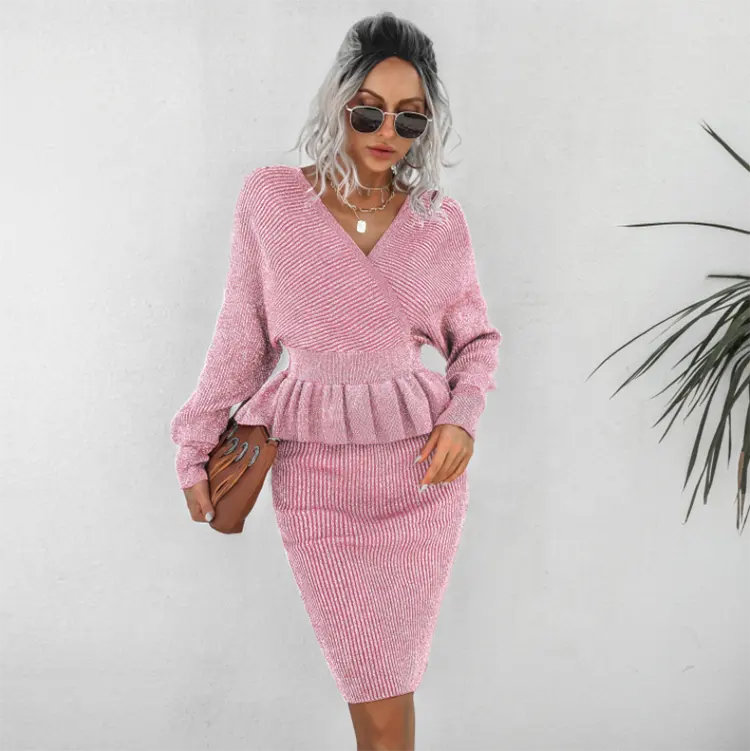 Party Dresses Women Autumn Winter Solid Color V-neck Batwing Sleeve Ruffles Women Party Dresses Elegant Backless Ladies Knitted Sweater Dress