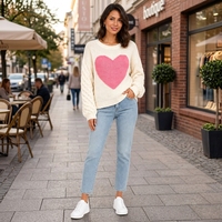 Pull en tricot torsadé à col rond pour femme, motif cœur rose jacquard, manches longues, coupe ample et décontractée