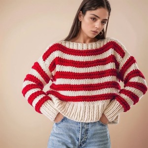 Knitwear Supplier Custom Fashion Ladies Knitted <strong>Red</strong> and White Striped Sweaters <strong>for</strong> <strong>Women</strong> - Product Image 3