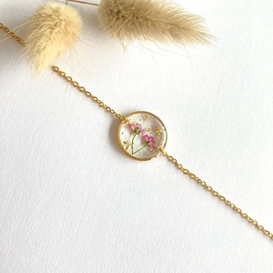 Gioielli in resina bohémien color oro cornice rotonda vero fiore rosa bracciale regolabile in acciaio inox per lei - Product Image 2