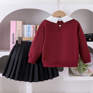 欧美秋季新款女童套装华夫饼干两件套上衣配百褶立体图案裙子嘻哈风格两件套 - Product Image 3