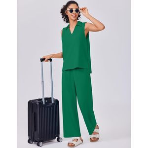 FOXA Women 2 Piece Sleeveless V Neck Top Wide Leg Crop Pants Set Breathable Knitted <b>Lounge</b> Wear Summer Travel Outfits - Product Image 3