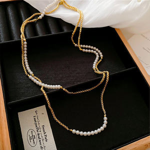 Collana a strati con catena a maglie geometriche alla moda in rame senza piombo con perle <span class=keywords><strong>Swarovski</strong></span>, <span class=keywords><strong>gioielli</strong></span> da sposa placcati oro in rame - Product Image 6