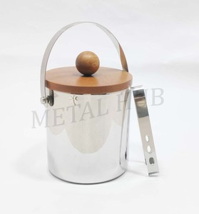Premium Shiny Silver Stainless Steel Ice <b>Bucket</b> <b>with</b> Wooden <b>Lid</b> and Ice Tong Double Wall Barware for Home Party - Product Image 4