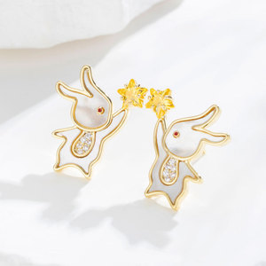 MUYU Bunny <b>Stud</b> Earrings S925 <b>Silver</b> Natural Seashell Zircon Cartoon Animal Zodiac Everyday Wear - Product Image 2