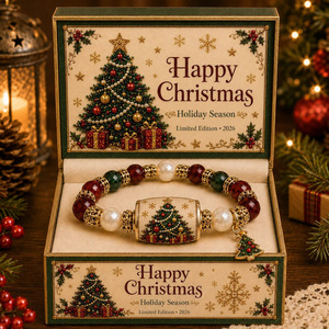 Christmas <b>Beaded</b> <b>Bracelet</b> Xmas Tree Pendant Red Green Pearl Bead Ladies Party Accessory Christmas Present With Gift Box - Product Image 2
