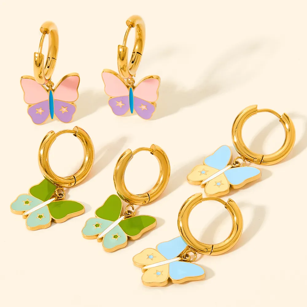 Popular Colorful Drip Oil Gold Plated Stainless Steel Hoop Butterfly Earring