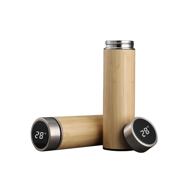 Thermos Smart Water Bottle High Quality Bamboo Wooden Vacuum Insulated Heat Insulation Smart Bamboo 1 Piece Stainless Steel