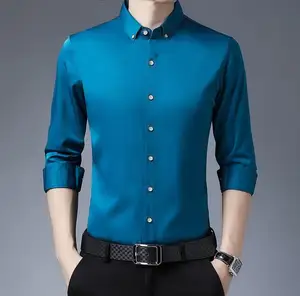 Новинка 2021, Мужская Облегающая рубашка с двойным воротником и пряжкой, не требует глажки, стрейчевая тканевая рубашка, Мужская Однотонная рубашка