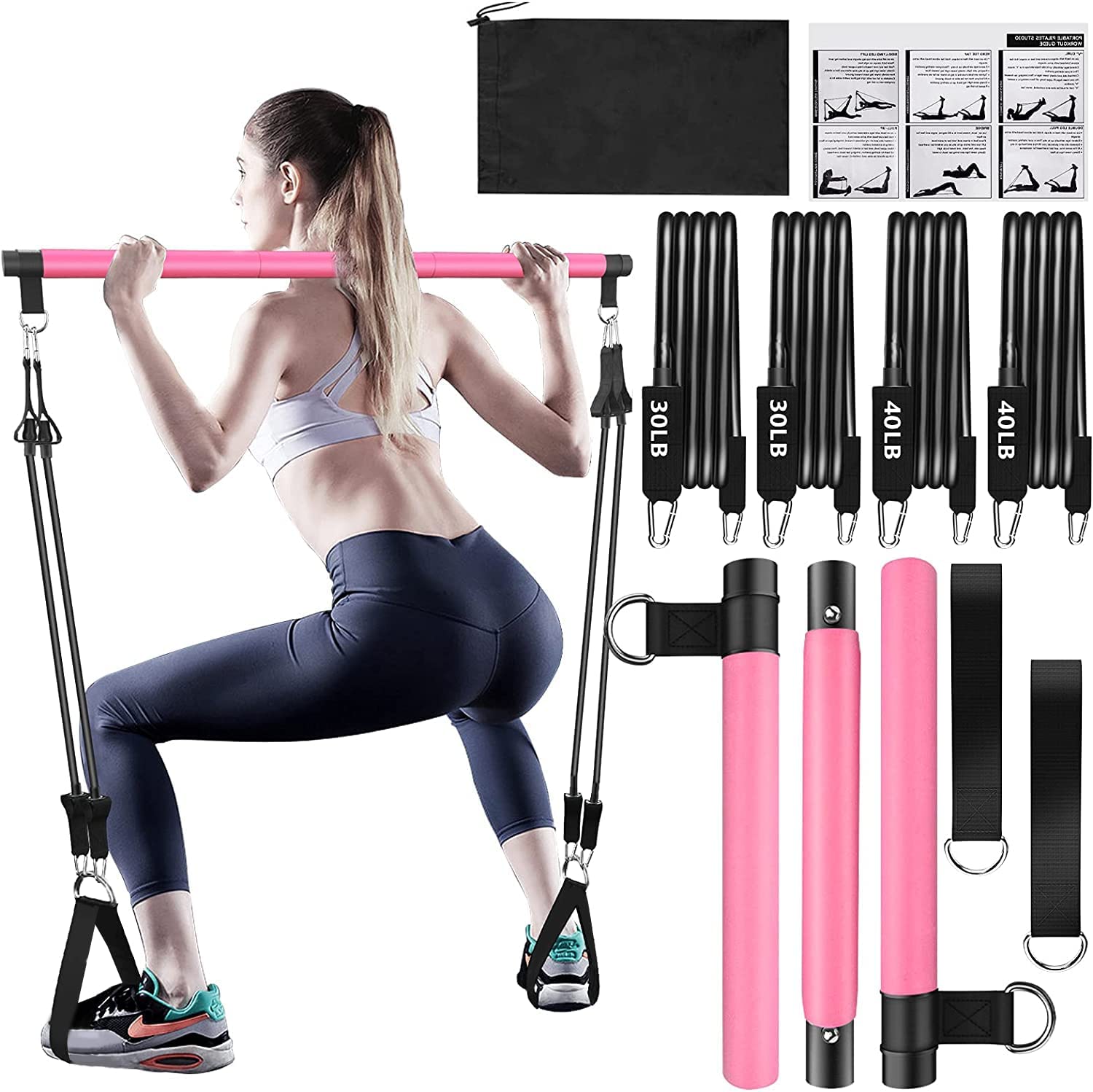 Kit de barra de Pilates portátil con bandas de resistencia, barra de ejercicio de yoga para gimnasio, barra de Pilates de 3 secciones ajustable