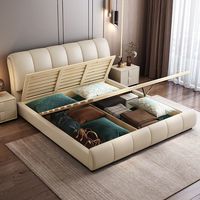 Lit de Luxe Moderne Rembourré avec Rangement et Système de Levage Hydraulique, Tête de Lit Rembourrée, Cadre de Lit Double King Size pour Chambre à Coucher