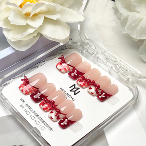 <span class=keywords><strong>Uñas</strong></span> Postizas Acrílicas <span class=keywords><strong>Cortas</strong></span> Cuadradas, 10 Piezas, Color Rosa Nude Brillante con Lazo <span class=keywords><strong>Rojo</strong></span> <span class=keywords><strong>Vino</strong></span> y Diseño a Cuadros, <span class=keywords><strong>Uñas</strong></span> Adhesivas de Lujo - Product Image 3