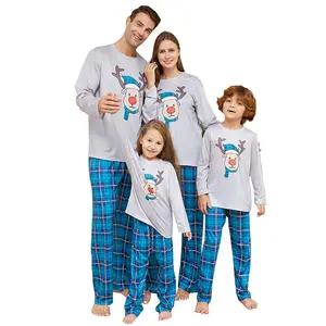 PASUXI New Christmas Cartoon Deer Head Blue Plaid Round Neck Long Sleeve Parent Child Family Christmas Pajama Set