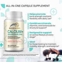 Complément alimentaire BOCHO pour la santé des articulations et des os chez l'adulte avec du calcium, du magnésium et du zinc pour une meilleure densité osseuse et une immunité accrue, 120 g de capsules