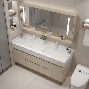 Sleek Warm-Tone Bathroom <b>Cabinet</b> Smart Mirror <b>Cabinet</b> with White Marble Top Washbasin Floor-<b>Mounted</b> <b>Cabinet</b> Body - Product Image 3