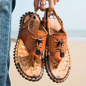 Sandales pour hommes en cuir véritable à bride en T, respirantes, à bout ouvert, décontractées, pour l'été, avec semelle extérieure en caoutchouc, semelle intermédiaire en EVA et design à lacets - Product Image 3