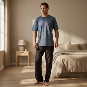 Ensemble de pyjama décontracté 2 pièces pour homme en tissu tricoté 100 % coton teint en fil, respirant, à manches courtes et rayures, avec poches - Product Image 2