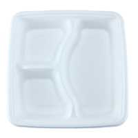 Barquette alimentaire jetable en bagasse de 9 pouces à 3 compartiments avec couvercle en pulpe PET pour restaurant, école et plats à emporter