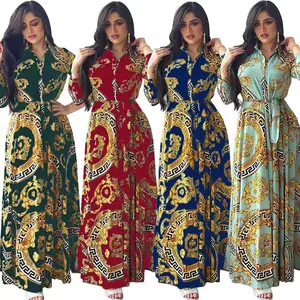 Latest Style Retro Floral Print Long Sleeve Pleated Maxi Dresses Women Clothing Casual Maxi Dress Ladies