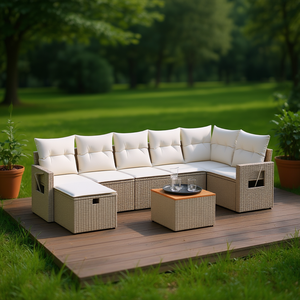 Ensemble de canapés de jardin beige avec coussins crème, 6 places, en rotin, mobilier d'extérieur avec rangement, design contemporain - Product Image 2
