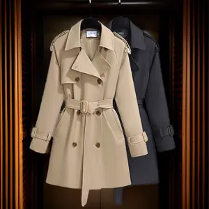 D&M Women's Small British Style Trench Coat Woven Khaki Korean Style Fashionable Winter Coat with down Filling Double Breasted