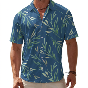Camisa Hawaiana Azul con Estampado Floral para Hombre, Manga Corta, Cuello Camisero, Transpirable, Estilo Vacacional, Tela Popelina - Product Image 1