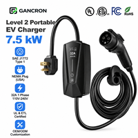 Chargeur EV portable de niveau 2, prise SAE J1772 Type 1 Nema, prise américaine 32A 1 phase 7kW 7,5kW 110V 120V 220V 240V ULl ETL pour voiture électrique américaine