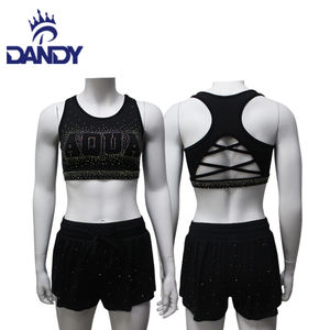 Haute qualité pom-pom girl pratique personnalisé <span class=keywords><strong>Train</strong></span> uni noir avec strass logo Cheer débardeurs et shorts uniforme porter - Product Image 1