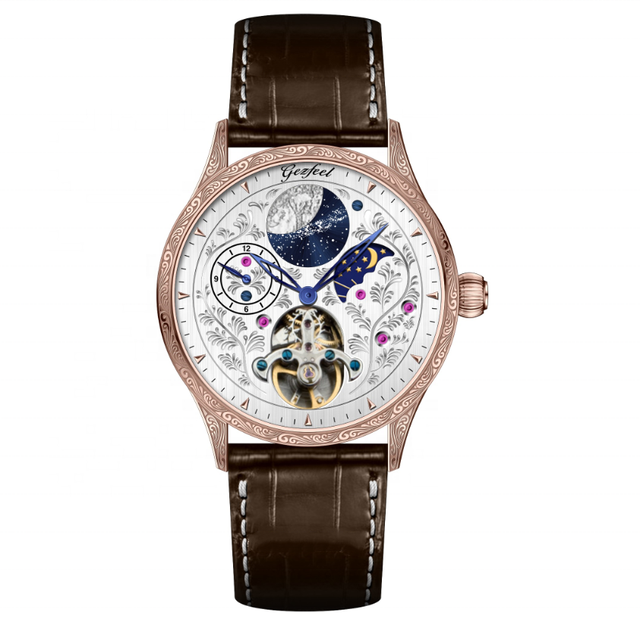 High Quality Fashion Moon Phase Engraved Dial Automatic Mechanical Watches Waterproof Men's Watches