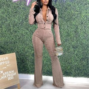 PEEQI BX6072 Completo Casual da <span class=keywords><strong>Donna</strong></span> in <span class=keywords><strong>Velluto</strong></span>, Set 2 Pezzi con Top Corto Arricciato con Bottoni e Pantaloni a Zampa - Product Image 2