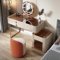 Ensemble de meubles de chambre à coucher de luxe miroir éclairé tabouret orange ensemble de coiffeuse commode bureau avec dessus en verre