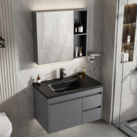 Ensemble de meubles de salle de bain avec miroir LED en céramique, finition laquée noire mate moderne, aluminium épaissi, imperméable, pour usage hôtelier