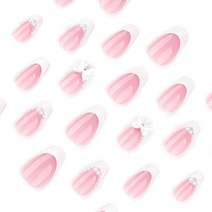 Uñas Postizas al por Mayor, 24 Piezas, Estilo Francés, Cortas, Almendradas, Blancas, con Lazos - Product Image 4