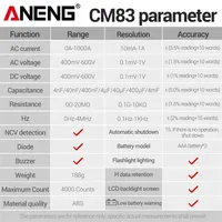 Multimètre à pince numérique ANENG CM83 1000A, testeur de courant et de tension AC, NCV, résistance, capacité, ohmmètre, fréquence pour applications électriques