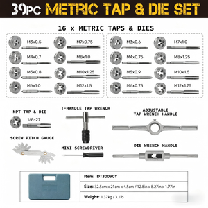 Metric <b>Tap</b> And Die Set 39 Piece M3 To M12 With <b>Handles</b> For Metal Threading - Product Image 3
