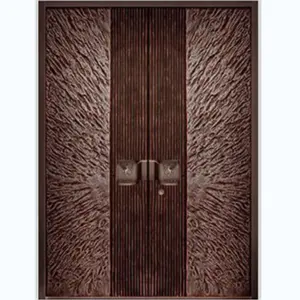 Porte d'entrée double YT-T38 étanche européenne de luxe avec finition en acier élégante et design de panneau en laiton Extérieur avant de la maison