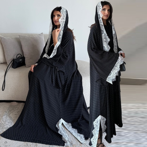 MQ259 Vêtements islamiques modestes, Abaya, <span class=keywords><strong>cardigan</strong></span> à pois en dentelle douce, robe ouverte pour femmes, robe musulmane de Dubaï avec écharpe - Product Image 1