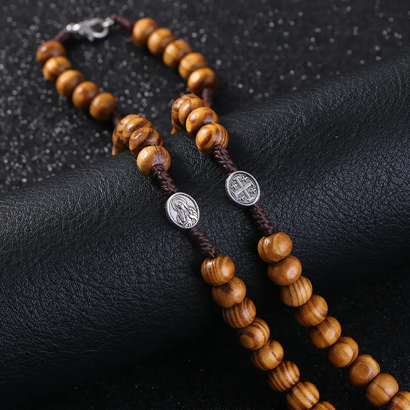 Catholic Religious Rosary KOMi Catholic Brown Wooden Rosary Beads Orthodox Cross Woven Rope Necklace Of Religious Jewelry Men Women R-157