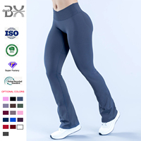 Leggings évasés sans couture pour femmes, coupe sportive mi-longue, tricotés, avec col en V croisé, taille côtelée et panneau invisible, séchage rapide pour le yoga et le fitness