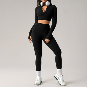 Bộ đồ thể thao nữ chất lượng cao, thiết kế riêng, áo dài tay có khóa kéo, quần legging co giãn cao, nâng mông, thích hợp mặc hàng ngày - Product Image 3